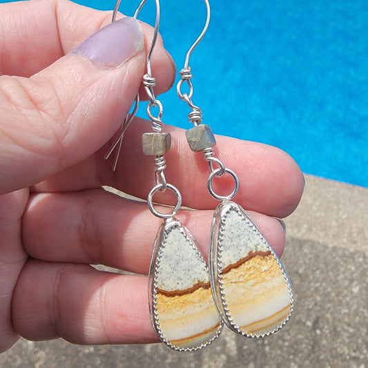 Pair of tan and light blue petrified wood sterling silver bezel dangle earrings being held in hand next to pool