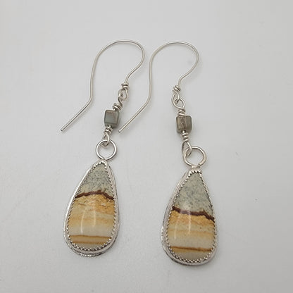 Pair of petrified wood teardrop shaped sterling silver earrings on white background