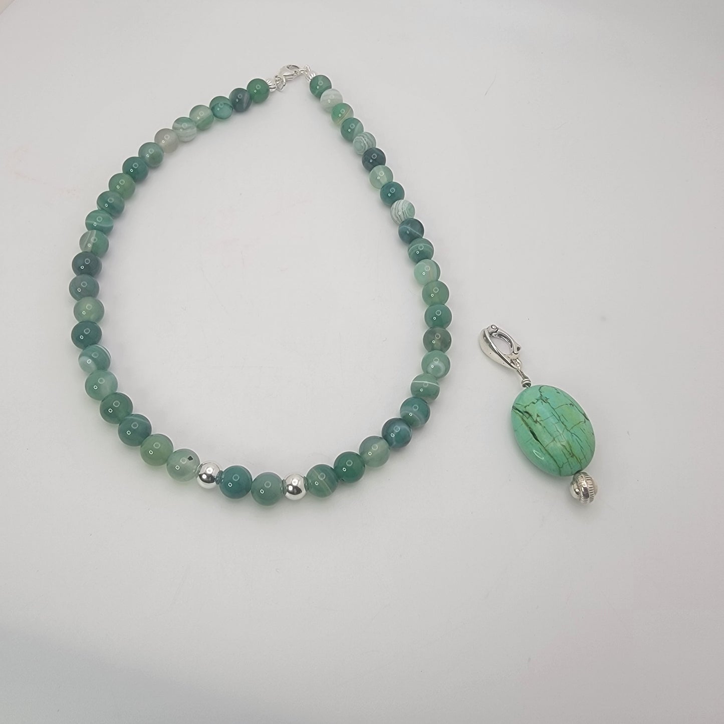 16.5 inch agate beaded choker necklace with 925 sterling lobster clasp and removable pendant.