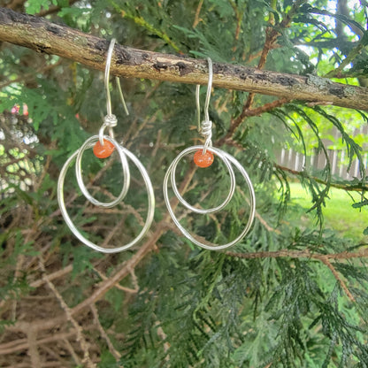 A pair of silver hoop earrings with small orange bead accents, hanging from a tree branch with green foliage in the background.