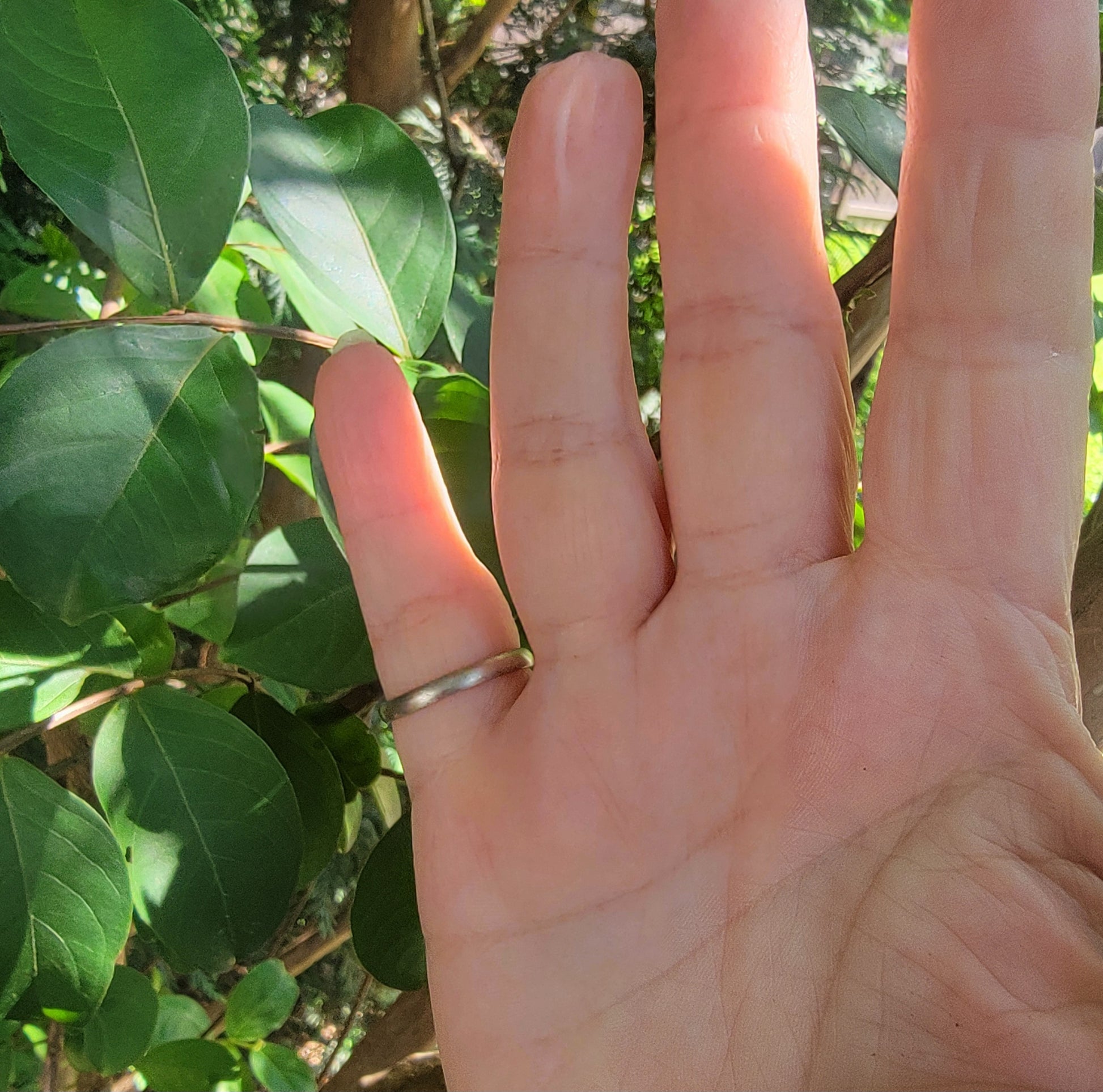A thin silver band ring worn on the last finger of a hand, photographed outdoors with green leaves in the background.
