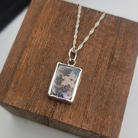 Opal and sterling silver rectangular pendant on twisted sterling silver chain
