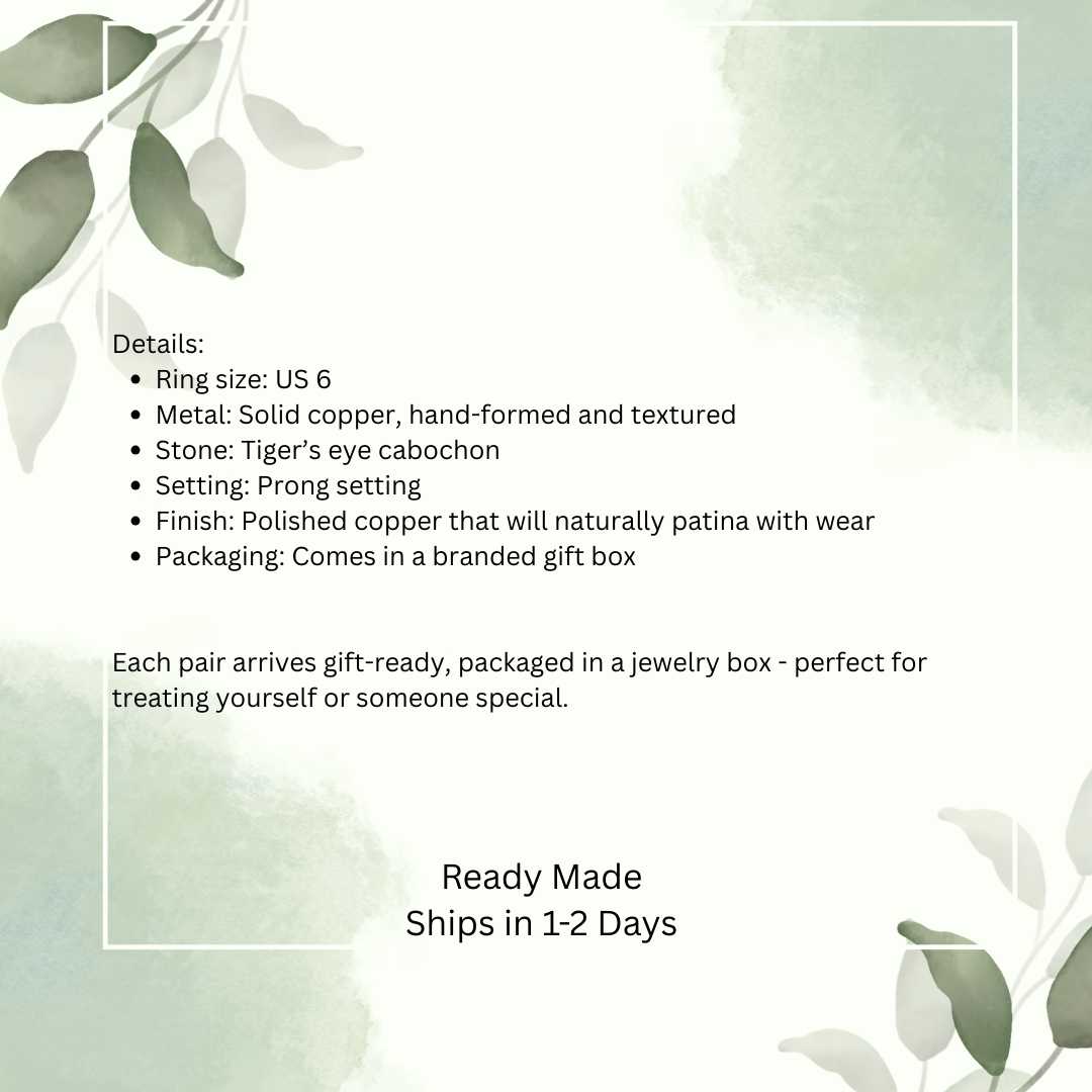 Copper Tiger’s Eye Ring – Handcrafted Textured Copper Band with Tiger’s Eye Cabochon, Size 6