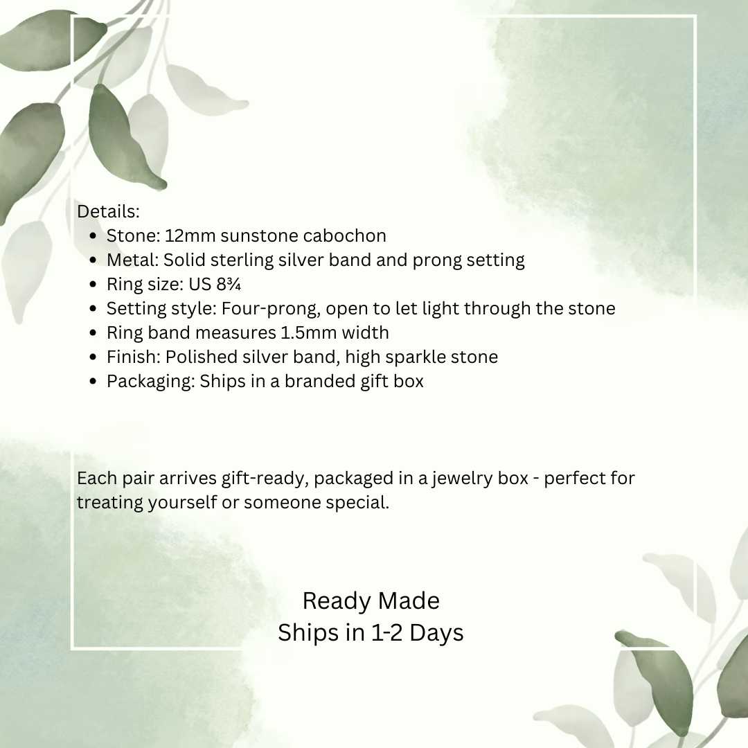 Sunstone Sterling Silver Ring – 12mm Sparkling Sunstone in Prong Setting, Size 8¾ Handmade Gemstone Ring