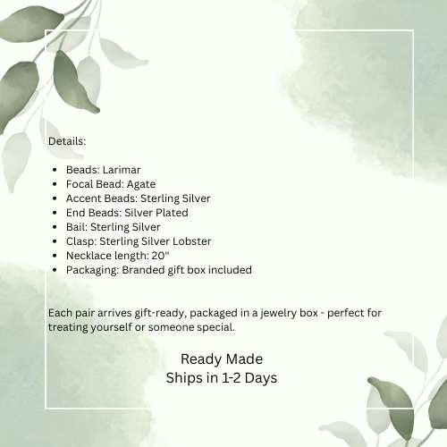 Product details of a necklace with green leaves on a light background