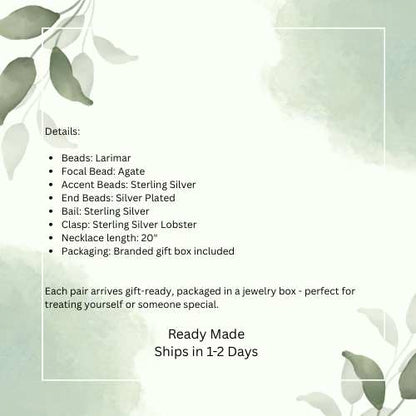 Product details of a necklace with green leaves on a light background