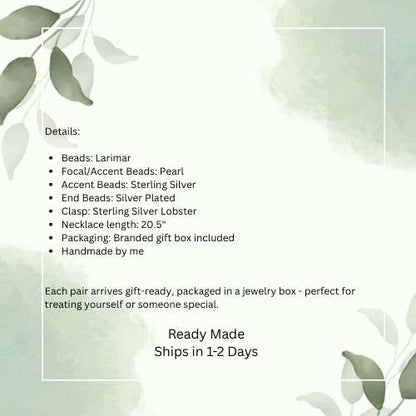 Product details of a necklace with green leaves on a light background