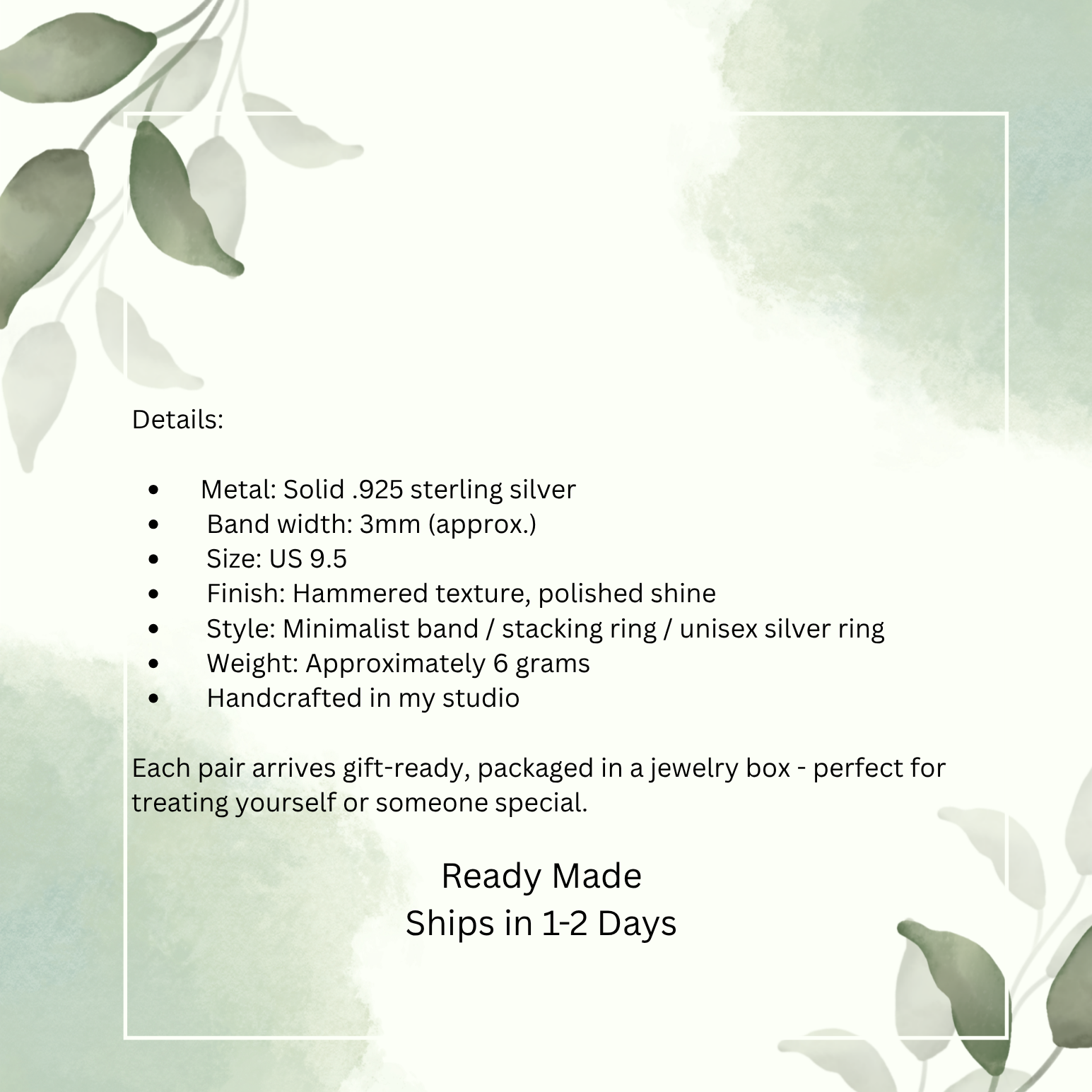 Product description card for a silver ring with leaf designs on a light green background