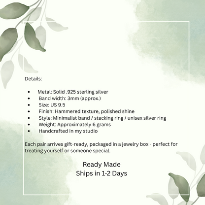Product description card for a silver ring with leaf designs on a light green background