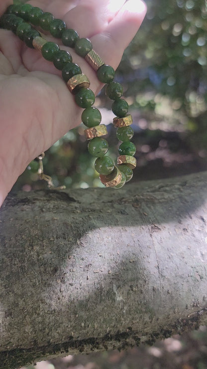 Deep Green Jade Necklace with Bronze Accents & Gold-Filled Toggle 18.5 Inch