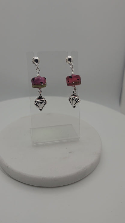Beautiful Watermelon Lampwork Bead and Silver Earrings