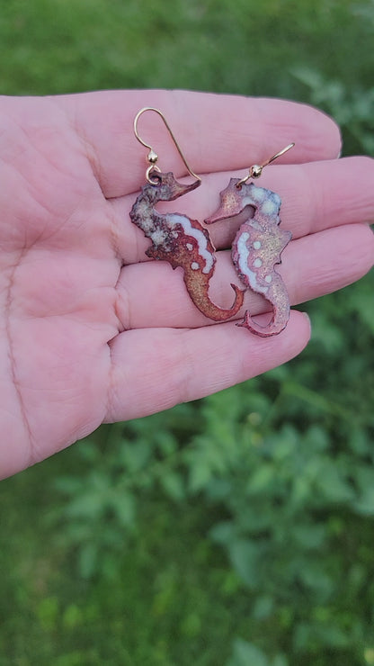 Enameled copper dangle seahorse earrings