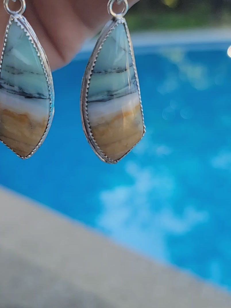 Hand holding a pair of opalized fossil cabochon earrings with sterling silver serrated bezel and smaller aquamarine accent