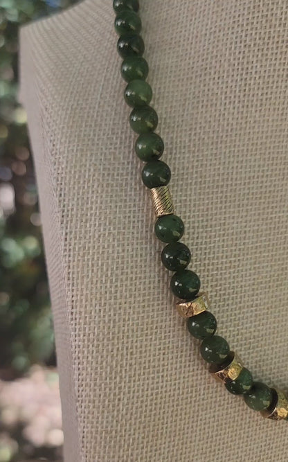 Deep Green Jade Necklace with Bronze Accents & Gold-Filled Toggle 18.5 Inch