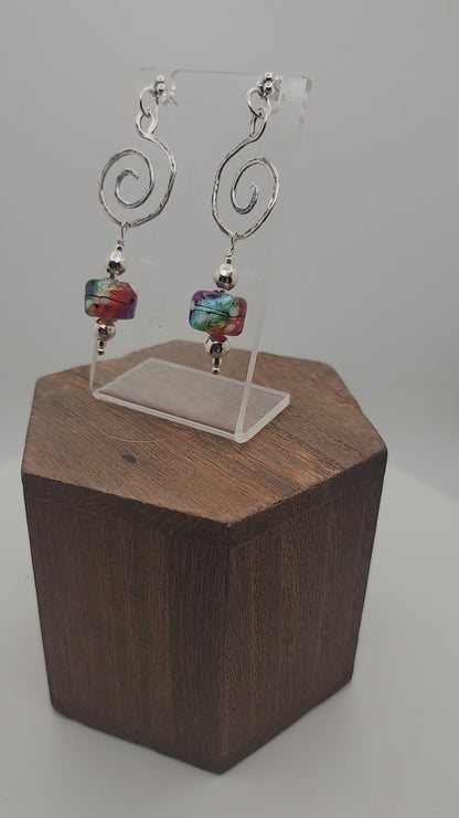 Beautiful Rainbow Lampwork Post Earrings with Silver Swirl Detail and Silver Beads