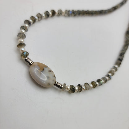 Labradorite and agate focal bead necklace on a white background